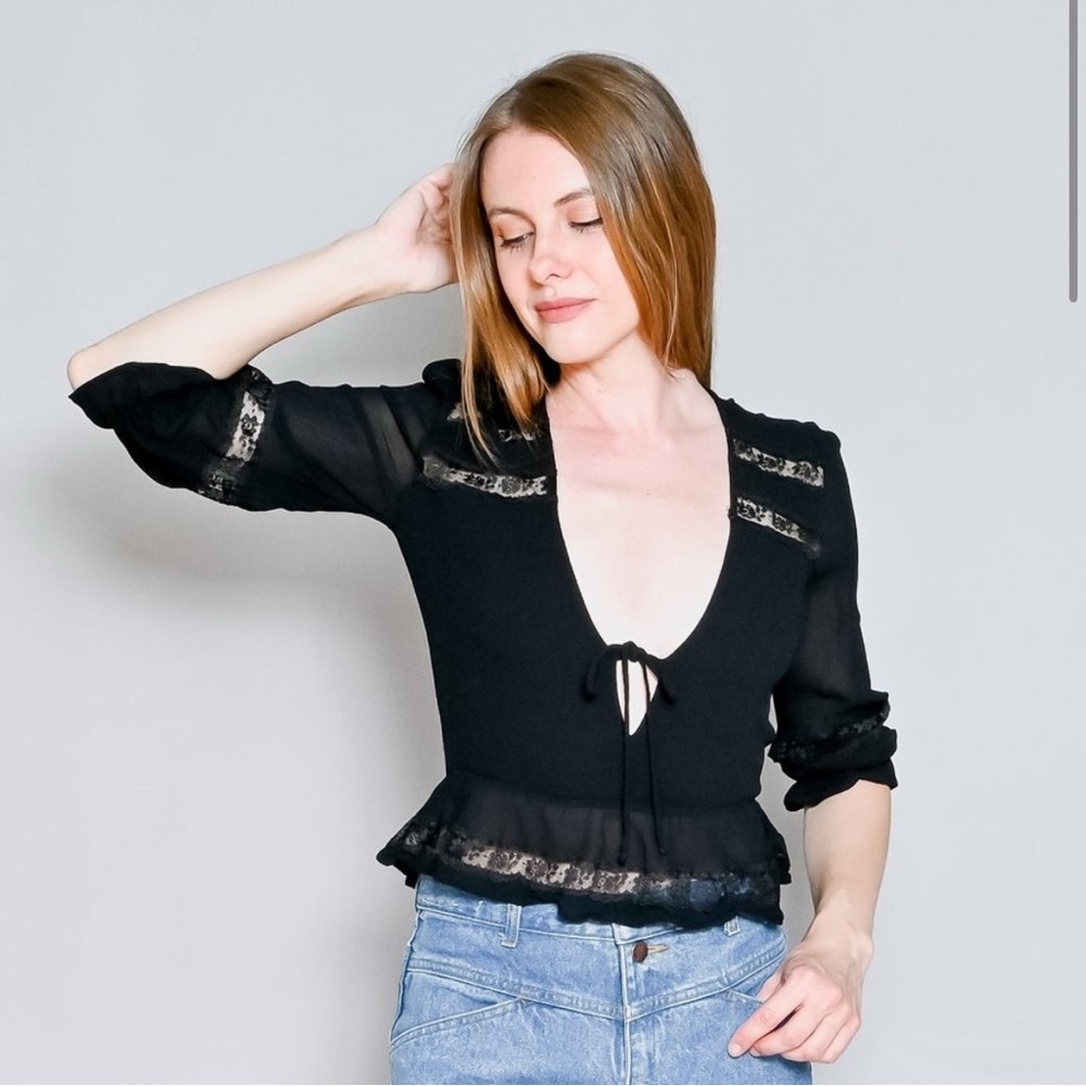 Reformation | Lace Trim Plunge Sheer Black Top